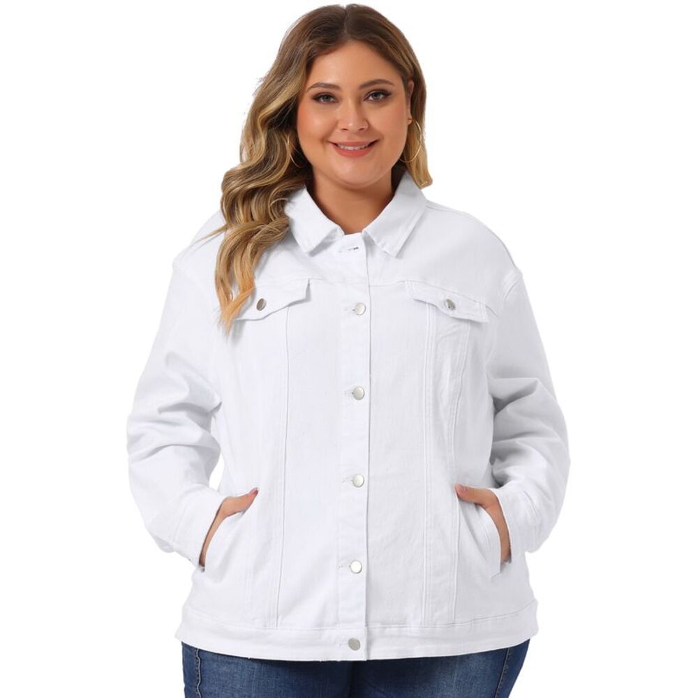 Women's Plus Size Stitching Button Front Washed Denim Jacket White